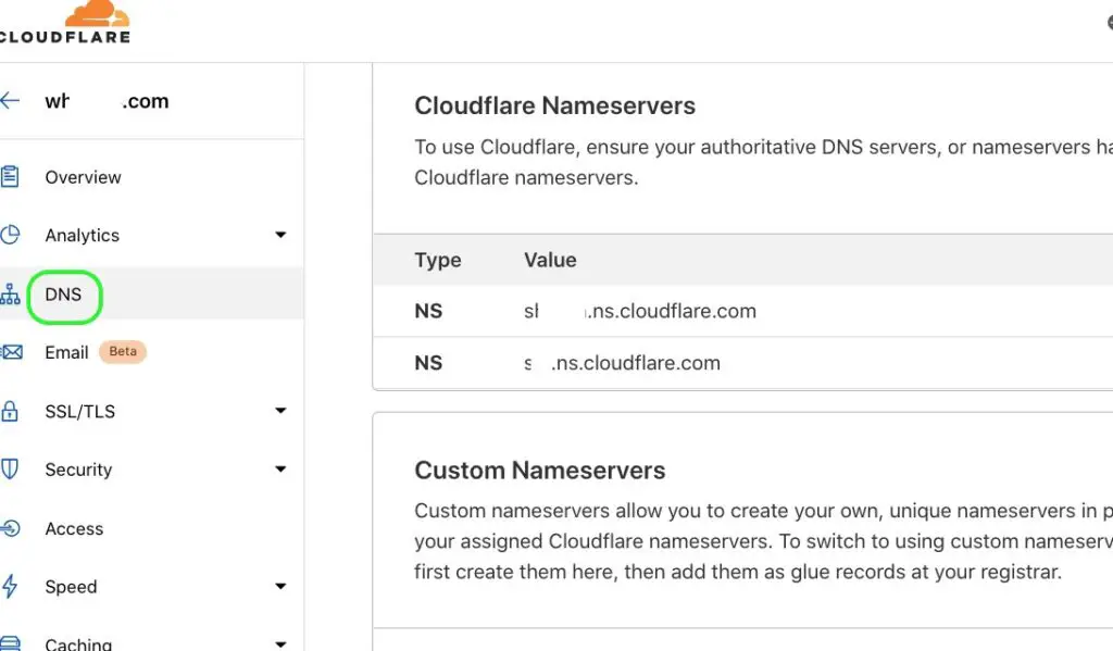 Cloudflare nameservers in DNS for website