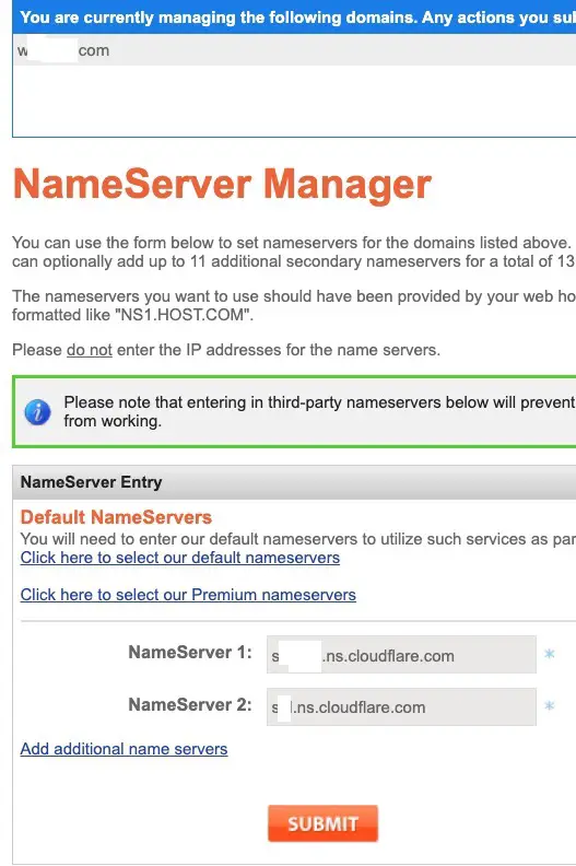 Enter Nameservers provided by Cloudflare