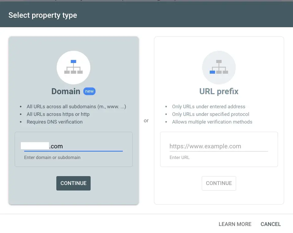Enter domain name for new property in Google Search Console