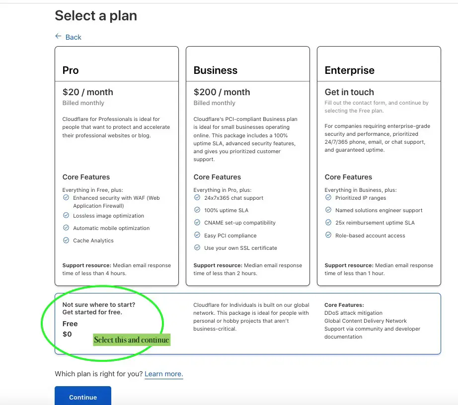Select free plan in Cloudflare and continue