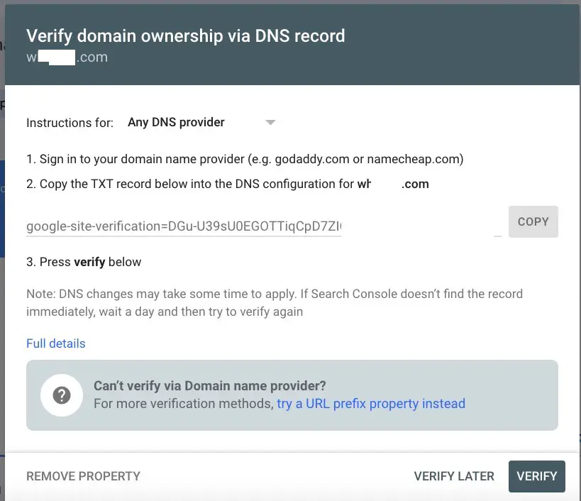 Verify new domain with TXT at Google Search Console