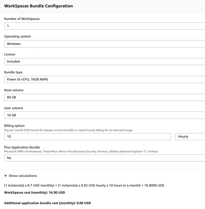Amazon AWS Workspace Configuration Two And Price Estimate