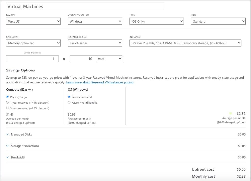 Azure example pricing 1